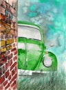 Watercolor illustration of a green Volkswagen beetle Royalty Free Stock Photo