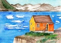 Watercolor illustration of a Greenland landscape with an orange house Royalty Free Stock Photo