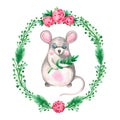Watercolor illustration of grey mouse decorative frame of flowers on white isolated background. Hand painted animal Royalty Free Stock Photo