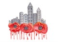 Watercolor illustration of grey town, red poppies and streaks of blood for war design on white isolated background