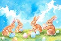 watercolor illustration of a group of bunnies playing with Easter eggs