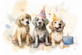 Watercolor illustration of a group of cute dogs with a birthday cake. Generative AI Royalty Free Stock Photo