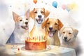 Watercolor illustration of a group of dogs and a birthday cake with candles Generative AI Royalty Free Stock Photo