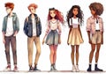 Watercolor illustration of a group of fashionable young people. Men and women