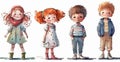 Watercolor Illustration of a group of preschooler children, funny little kids, happy boys and girls, standing in a row