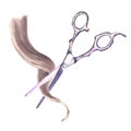 Watercolor illustration hairdresser's scissors for hair cutting, isolated on white.