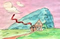 Watercolor illustration: Half of avocado with seedWatercolor illustration. A house by the cliff, long red flag waving Royalty Free Stock Photo