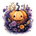 watercolor illustration halloween carved pumpkin among purple and orange flowers clip art on white background