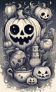 watercolor illustration, Halloween and holiday theme, cartoon doodle, very cute, print for background,