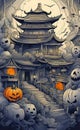 watercolor illustration, Halloween and holiday theme, cartoon doodle, very cute, print for background,