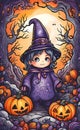 watercolor illustration, Halloween and holiday theme, cartoon doodle, very cute, print for background,