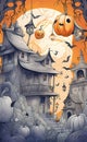 watercolor illustration, Halloween and holiday theme, cartoon doodle, very cute, print for background,