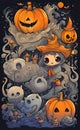 watercolor illustration, Halloween and holiday theme, cartoon doodle, very cute, print for background,