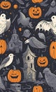 watercolor illustration, Halloween and holiday theme, cartoon doodle, very cute, print for background,