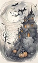 watercolor illustration, Halloween and holiday theme, cartoon doodle, very cute, print for background,