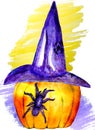 Watercolor illustration of Halloween pumpkin hat and spider