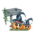 watercolor illustration, Halloween pumpkins wearing hat, party elements set isolated on white background Royalty Free Stock Photo