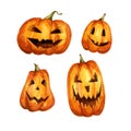 Watercolor illustration of Halloween season scary faces from a pumpkin.