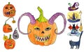 Smiling Jack-o-lantern with big teeth and demon horns. Lots of various small pumpkins, hats of witches, cats.