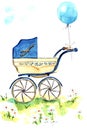 watercolor illustration hand-drawn baby stroller against the sky