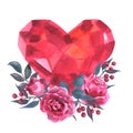 Watercolor illustration hand drawn diamond crystal shape red heart with flowers, seamen on pink watercolor background