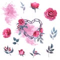 Watercolor illustration hand drawn grey heart shaped chain with flowers, seamen on pink watercolor background. Clip art