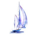 Watercolor illustration, hand drawn painted sailboat isolated object on white background.