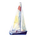 Watercolor illustration, hand drawn sailboat. Art cut out deep blue yacht sails, watercolor isolated objet on white