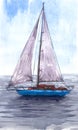 Watercolor illustration, hand drawn sailboat. Art print yacht sails