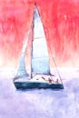 Watercolor illustration, hand drawn sailboat. Art print yacht sails, red sky