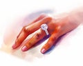 Watercolor illustration. Hand of girl. Diamond ring. Engagement. Gift. Precious jewelry. Royalty Free Stock Photo