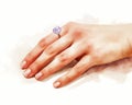 Watercolor illustration. Hand of girl. Diamond ring. Engagement. Gift. Precious jewelry. Royalty Free Stock Photo