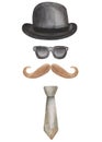 Watercolor illustration. Hand painted black bowler gentleman hat, neck tie, moustaches, sunglasses. Man silhouette Royalty Free Stock Photo