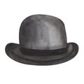 Watercolor illustration of hand painted black bowler hat for gentleman. Male round hat. Retro style headwear for men and boys