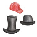 Watercolor illustration of hand painted black bowler hat, tall gentleman hat and red cap. Accessories for men and boys