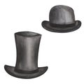Watercolor illustration of hand painted black cylinder, bowler hat, top hat for gentleman. Retro style male headwear for men
