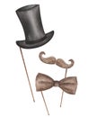 Watercolor illustration of hand painted black long gentleman hat, brown neck tie bow, moustaches on sticks Royalty Free Stock Photo