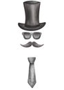 Watercolor illustration of hand painted black long gentleman hat, neck tie, moustaches, sunglasses. Man silhouette Royalty Free Stock Photo