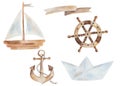 Watercolor illustration of hand painted blue origami paper ship, brown wooden vessel, boat for ocean, anchor with chain Royalty Free Stock Photo