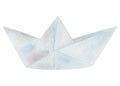 Watercolor illustration of hand painted blue origami paper ship, grey folded toy vessel, handmade boat for ocean and sea