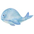 Watercolor illustration of hand painted blue whale. Cartoon character fish with face, smile. Sea animal creature, ocean life Royalty Free Stock Photo