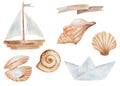 Watercolor illustration of hand painted brown and blue sea shells, pearl, origami paper ship, wooden vessel, boat for ocean. Royalty Free Stock Photo