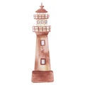 Watercolor illustration of hand painted brown lighthouse, beacon from bricks for ship, vessel, boat at sea, ocean Royalty Free Stock Photo