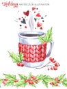 Watercolor illustration. Hand painted cup of hot drink with knitted case, rowan and leaves. Seamless floral border