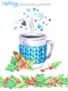 Watercolor illustration. Hand painted cup of hot drink with knitted case, rowan and leaves. Seamless floral border