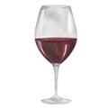 Watercolor illustration of hand painted glass on long stalk with maroon wine from winery. Isolated clip art of refreshment