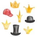 Watercolor illustration of hand painted golden crowns for queens and kings, black bowler hat, tall gentleman hat and red cap