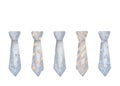 Watercolor illustration of hand painted grey, blue men neck ties with blue stars, brown dots, stripes