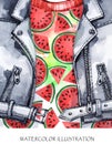 Watercolor illustration. Hand painted leather jacket with fresh watermelon. Healthy style. Royalty Free Stock Photo