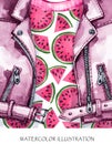 Watercolor illustration. Hand painted leather jacket with fresh watermelon. Healthy style. Royalty Free Stock Photo